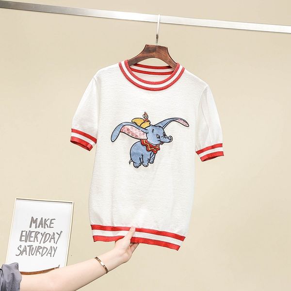 

women's t-shirt summer standard embroidered around the neck of shiny silk short sleeve mesh shirt loose feminine eifa, White