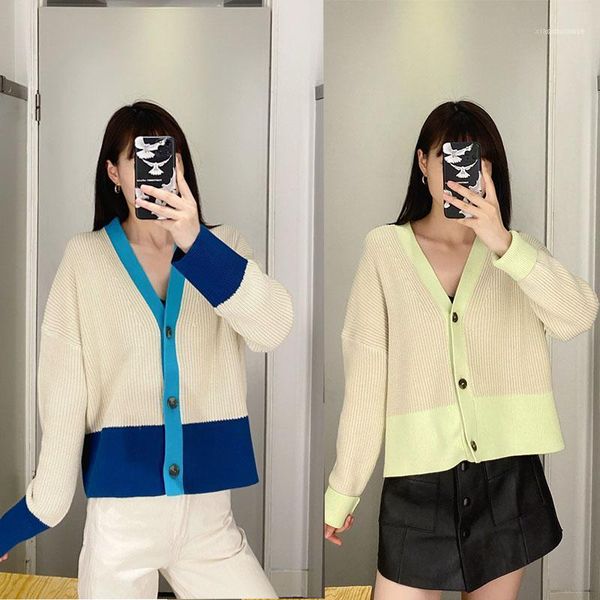 

women's knits & tees fashion color patchwork women sweater cardigan 2021 single-breasted stripes knitwear coat, White