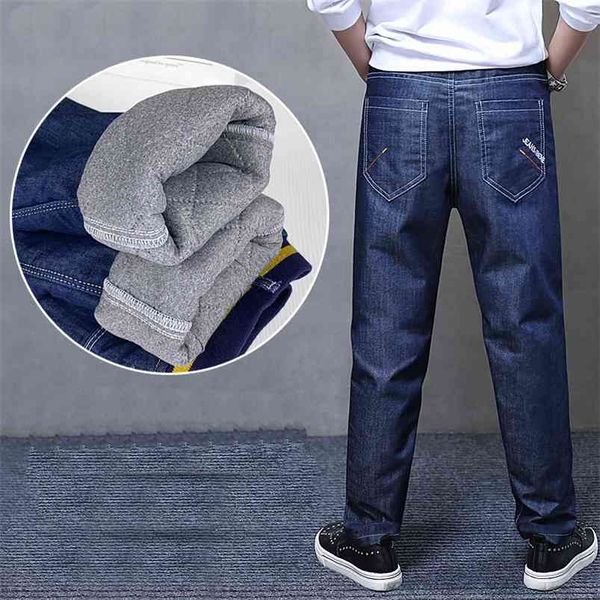 

children jeans for winter thicken add wool denim pants big boys elastic waist trousers toddler baby solid color blue clothes 210622