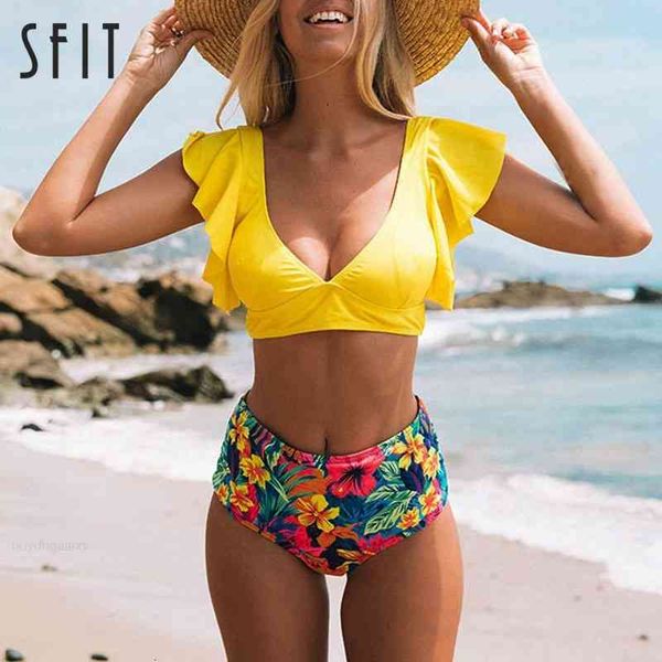 

waisted sfit 2021 women two bikini piece swimsuit v neck high ruched bottom beach bathing suit floral ruffled hem biquins, White;black