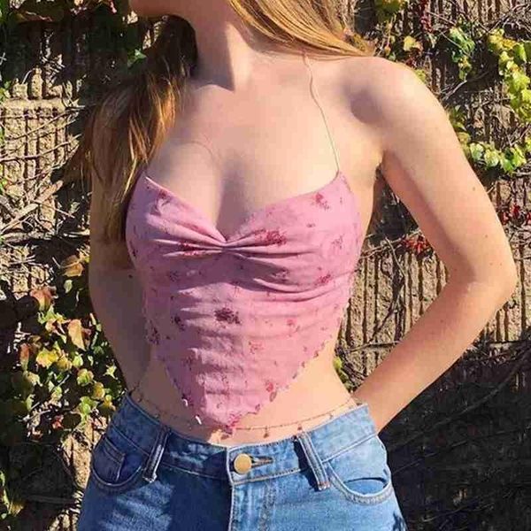 

pink floral mesh halter women flower print crop sleeveless and backless camisole cute girls neck vest camisoles & tanks, Black;white