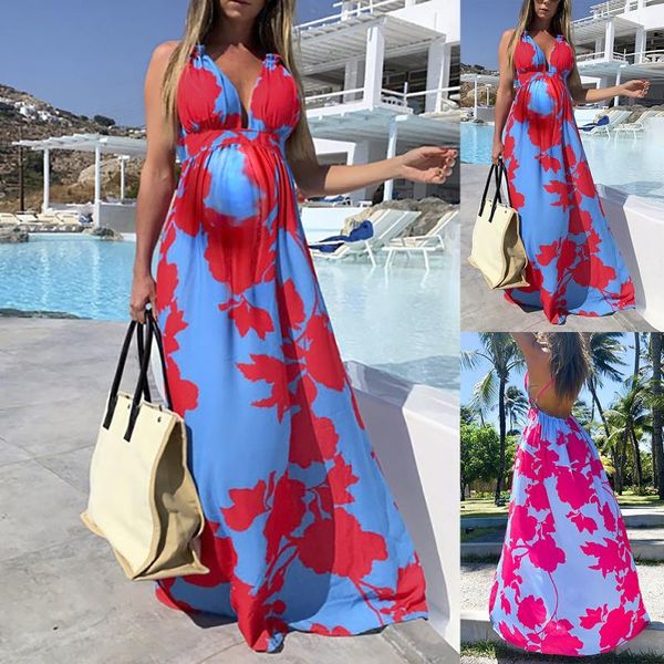 

maternity dresses 2021 dress women's summer bohemian print v-neck suspender sleeveless vestidos gestante pregnancy, White
