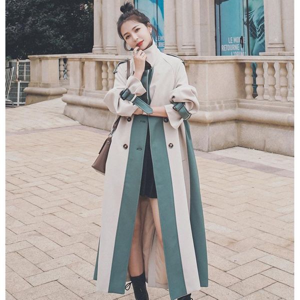

women's trench coats fashion windbreaker coat spring autumn 2021 korean loose knee splicing contrast double breasted for women, Tan;black