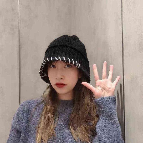 

fashion personality stripe women autumn spring panama fisherman hat knitted basin cap bucket hat warm versatile lady panama, Blue;gray