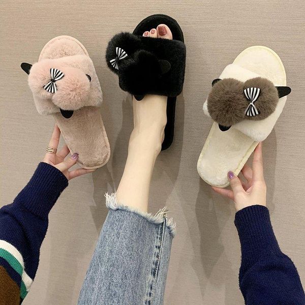 

women indoor slippers hairball warm plush lover home slipper anti slip autumn winter shoes woman house floor soft slient slides, Black
