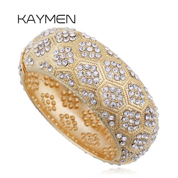 

kaymen women's beautiful round full rhinestones statement bangle cuff bracelet for women golden plated wedding party bangle q0717, Black