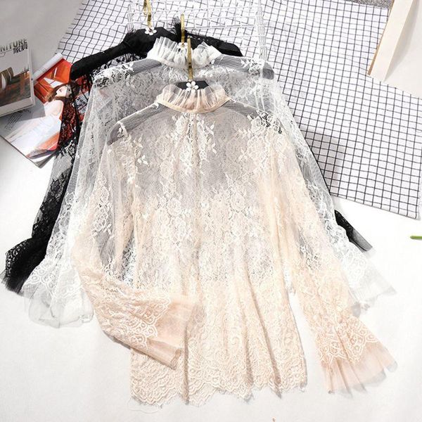 

women's blouses & shirts womens long flare sleeve mesh blouse hollow out embroidered floral lace shirt swimsuit ruffles neck solid colo, White