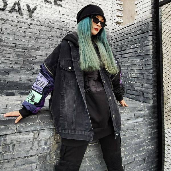 

winter black denim jacket women ins wind loose casual printed patch plus cotton padded women's jackets, Black;brown