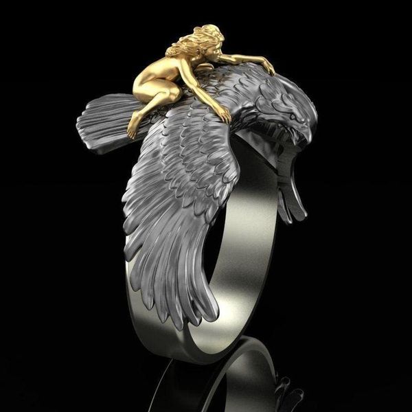 

cluster rings vintage mythology flying eagle angel ring men personality gift fashion punk trainer naked women jewelry, Golden;silver