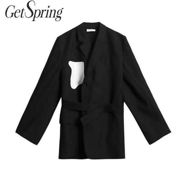 

women's suits & blazers getspring women blazer black white color matching bandage casual jackets long coats 2021 fashion, White;black