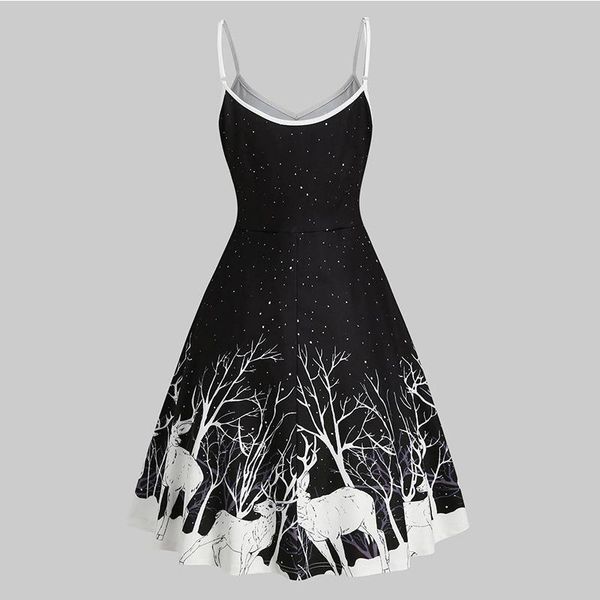 

christmas party dress women winter v neck sling robe elegant vintage elk print xmas swing vestido feminino casual dresses, Black;gray