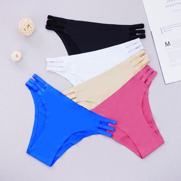 

women's panties 3pcs/lots seamless thongs ice silk mid-waist underwear strappy briefs s-xl five color, Black;pink