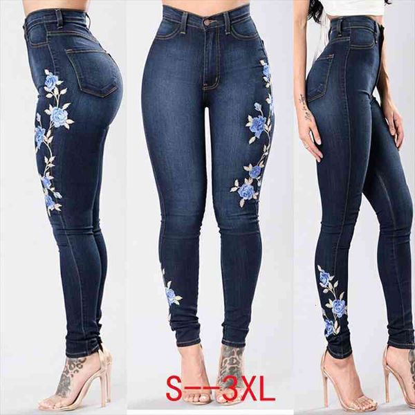

stretch embroidered elastic blue flower womens jeans pencil denim pants rose pattern pantalon femme