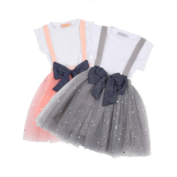 

summer 2 6years kids baby girls clothes ruffle short sleeve t shirt sequin tutu suspender skirts party princess set, White