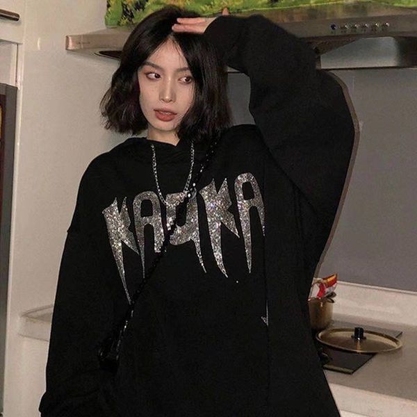 

women hoodies spring autumn black hooded sweatshirt loose diamond letter harajuku print pullover plus size streetwear 2021