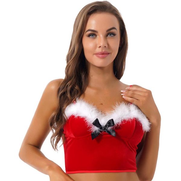 

women's tanks & camis women christmas costume adjustable spaghetti strap velvet camisole girls feather trimming bowknot corset crop top, White