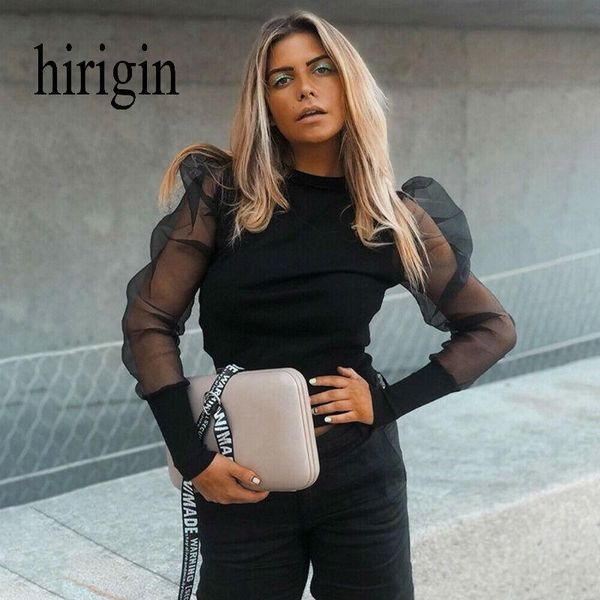 

women fashion long sleeve sheer mesh blouse lantern vintage pure solid white black slim o-neck shirts women's blouses &