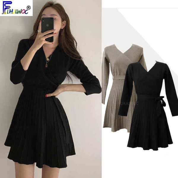 Winter Gestrickte Kleider Heiße Verkäufe Frauen Langarm Korea Stil Design Fliege A-linie V-ausschnitt Nette Mini Kleine schwarze Kleid 12112 G1214