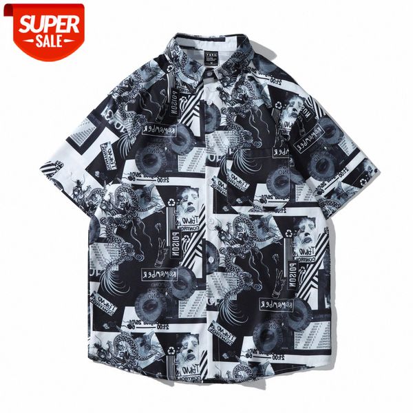 

american street hip-hop full-print short-sleeved shirt male loose couple #ue9b, White;black