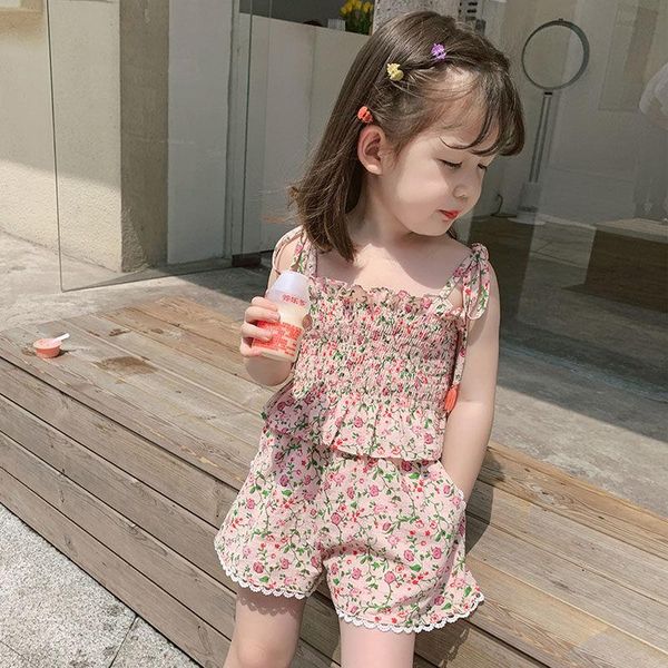 

summer kids girls clothes set girl floral print sling + shorts 2pcs outfits baby clothing fashion suit i40 sets, White