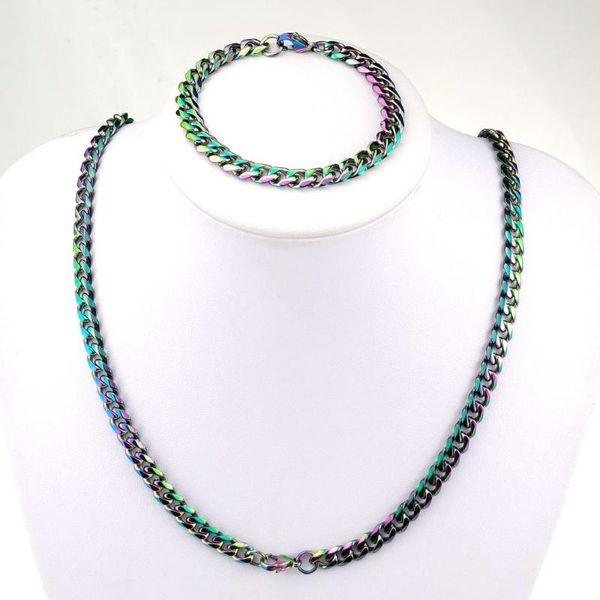 

chains rainbow tone stainless steel miami curb chain bracelet set cuban link necklace 5~9mm width, Silver