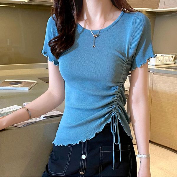 

women's t-shirt 2021 o-neck knitted short sleeve solid cropped t-shirts female thin ice silk lace-up pullovers jumpers tee x122, White