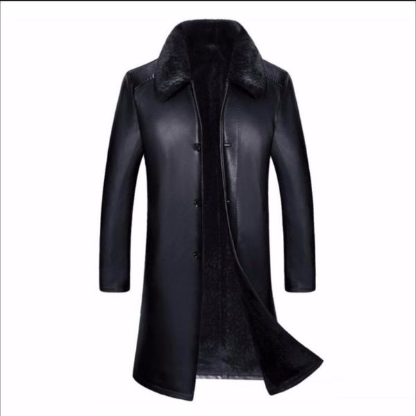 

men's fur & faux s-4xl sale specials winter middle-aged long pu leather coat windbreaker trench men thick father plus size overcoat, Black