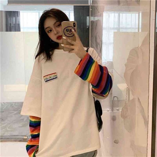 Regenbogen Gestreifte Gefälschte Zwei Stücke T-shirt Frauen Casual Lose Harajuku BF Tops Weibliche Koreanische Mode Streetwear Frau Kleidung 210722