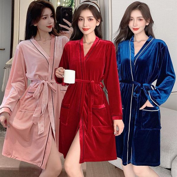 Kadın Pijama 2021 Sonbahar Kış Altın Kadife Seksi Kimono Elbiseler Kadınlar Için Uzun Kollu Bornoz Gecelik Homewear Gece Elbise Nighty