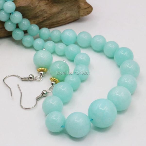 

earrings & necklace 6-14mm blue amazonite lucky stone tower chain earring sets round beads fashion jewelry party gifts accessories 18inch, Silver