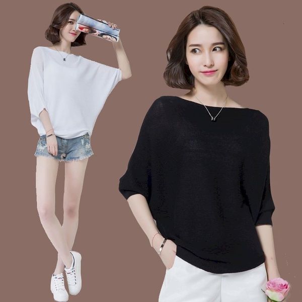 

women's t-shirt summer womens t-shirt korean loose large size knitting jacket breathable hemp transverse neck bat bottom shirt 2j2, White