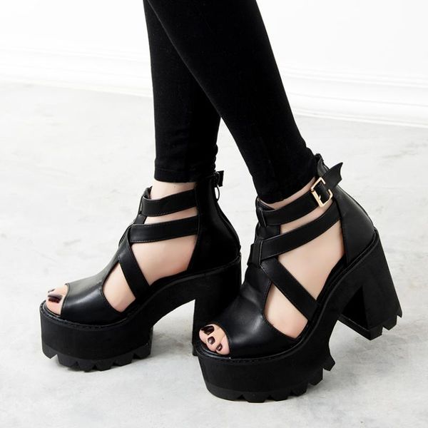 

gladiator sandals women summer shoes high heels punk platform thick heel dress, Black