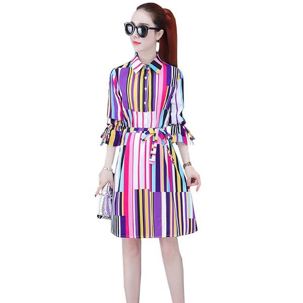 

women shirt dresses 2021 spring summer female medium long sleeve dress lady slim plus size printed stripe casual, Black;gray