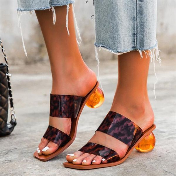 

slippers summer clear pvc square toe ladies shoes transparent crystal round ball heel women leopard grain jelly sandals, Black