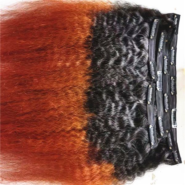 

brazilian human virgin kinky straight hair weft ombre 1b/red weaves unprocessed double drawn clip in extensions, Black;brown
