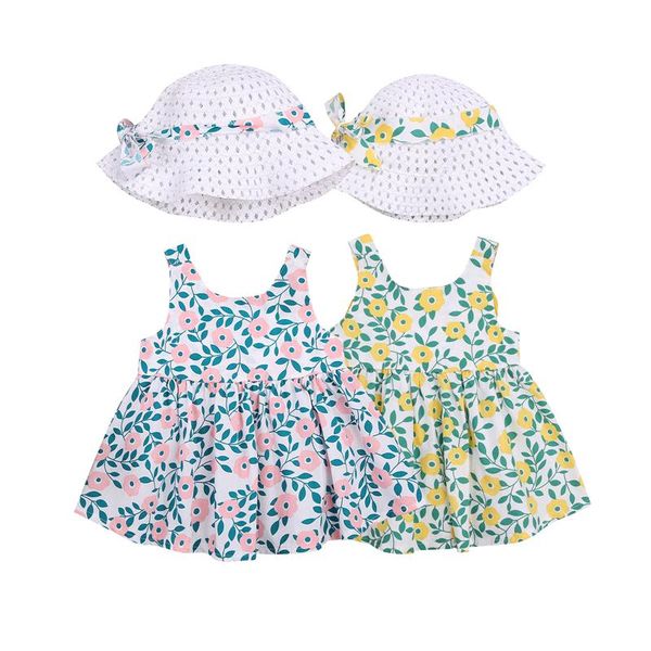

girl's dresses kids girls fashion summer 2-piece outfit set sleeveless floral dress+hat for children baby clothing sundress, Red;yellow