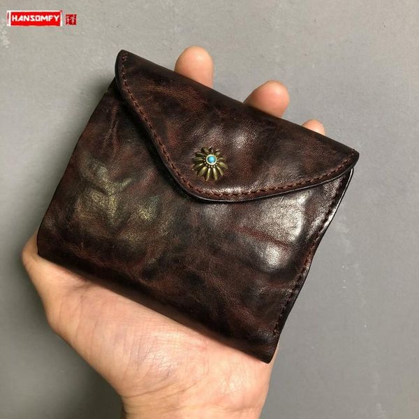 

wallets 2021 men short wallet handmade vintage leather fold mini coin purse male card holder cowhide thin original zipper, Red;black