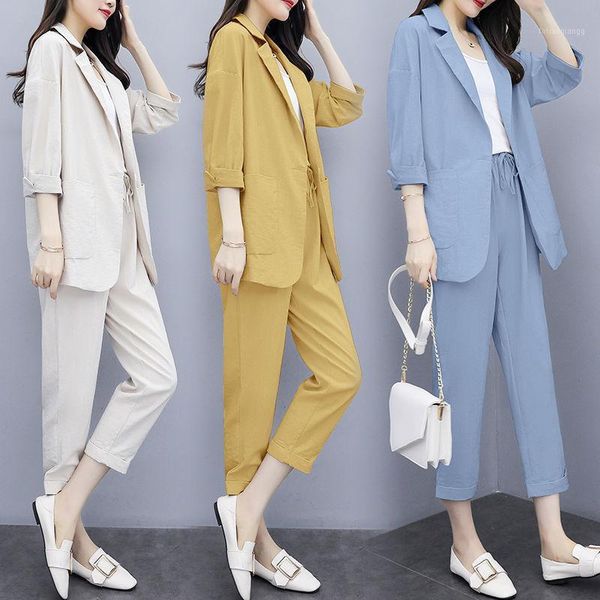 

women's tracksuits 2021 fashion women spring autumn causal thin set plus size solid cotton blazer coat & loose harem pants suit 3 peice, Gray