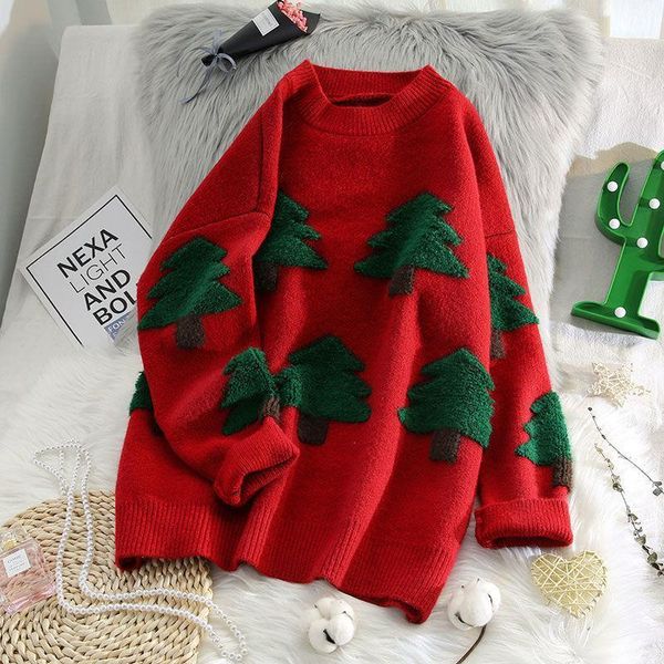 

christmas 2021 sweater female printed tree fashion autumn and winter student japanese diamond jacquard pullover women's sweaters, White;black