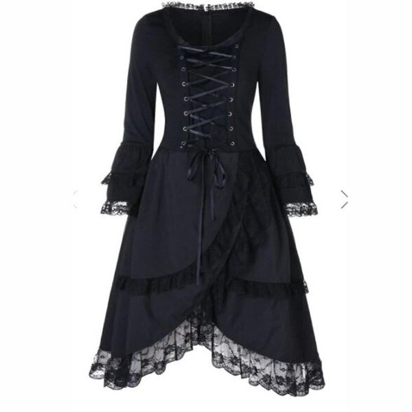 

casual dresses long sleeve gothic punk midi dress lace up high low women autumn plus size 5xl black vintage victorian, Black;gray