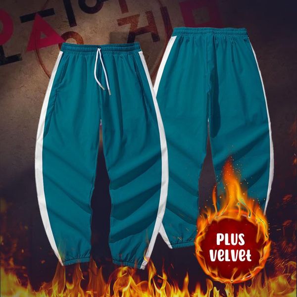 

men's pants squid game plus velvet sports leisure drawstring color matching pocket trousers casual winter warm round six long, Black