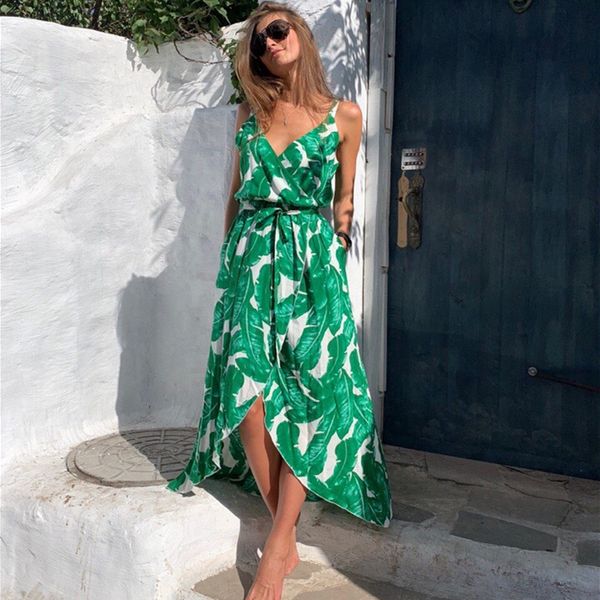 

fashion women sleeveless print boho dress bandage v neck beach summer dress club party long maxi dressesby air, Black;white