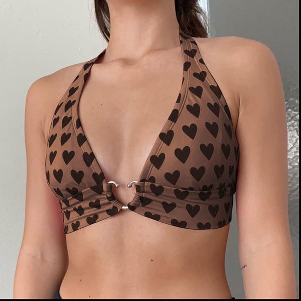 

brown sweet heart print bustier women camis y2k crop summer aesthetic kawaii pink sleeveless backless tie up halter, White
