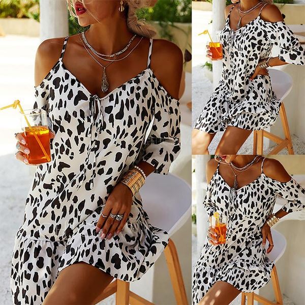 

casual dresses leopard white for female summer 2021 clothes women's loose printed round neck short sleeve high waist dress, Black;gray