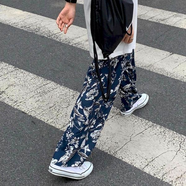 

women's pants & capris men's and women's casual wide leg pants, dark blue flower beach, retro, street clothes, punk, funeral,, Black;white
