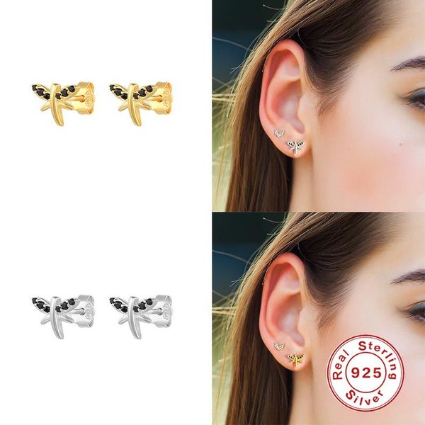 

stud aide pendiente plata 925 sterling silver earrings for women pendientes black zircon insect earings jewelry joyero girl gift, Golden;silver