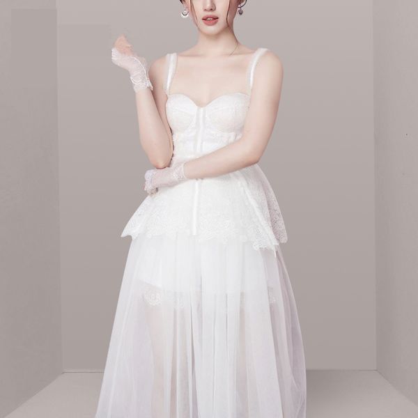 

casual dresses fashion ball gown women summer runway mesh patchwork lace ruffles party chic halter strapless n9zp, Black;gray