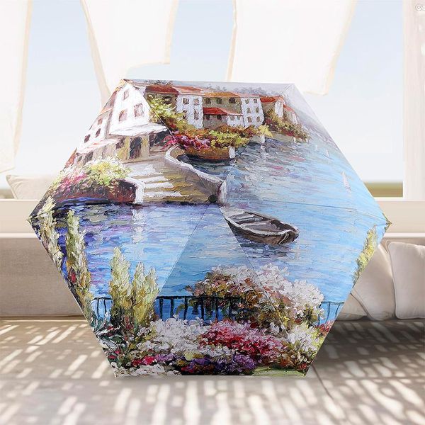 

umbrellas folding umbrella female paraguas oil painting rain women windproof anti-uv sun parasol