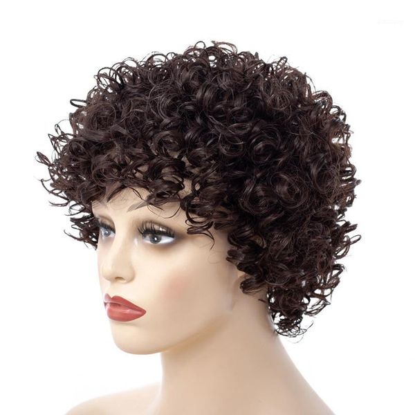 

jeedou synthetic short kinky curly hair wig fluffy black dark brown color bob hairstyle for middle-aged women's wig1