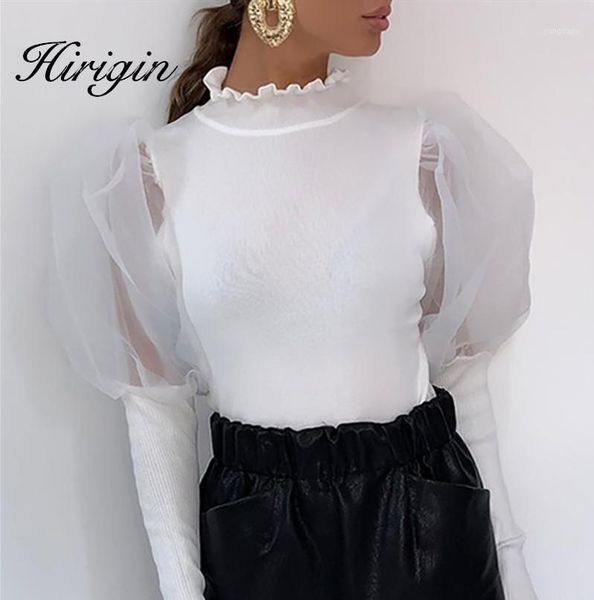 

ruffles parchwork mesh puff sleeve shirt women elegant black white casual crop tee femme vintage office ladies women's blouses & shirts